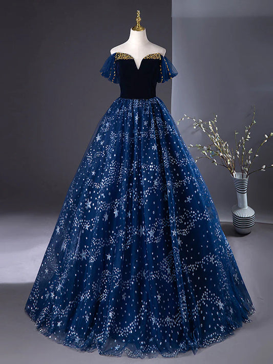 Vestido de fiesta largo azul de tul con hombros descubiertos y corte en A, vestido formal largo azul con cuentas ED0572