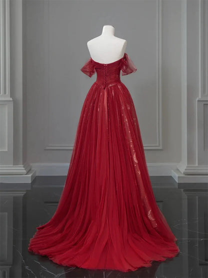 Vestido de fiesta largo burdeos con encaje de tul y hombros descubiertos ED0573
