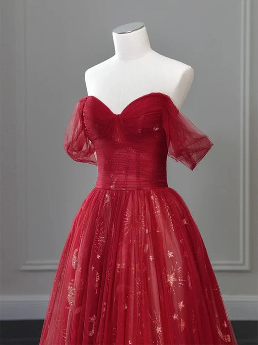 Vestido de fiesta largo burdeos con encaje de tul y hombros descubiertos ED0573