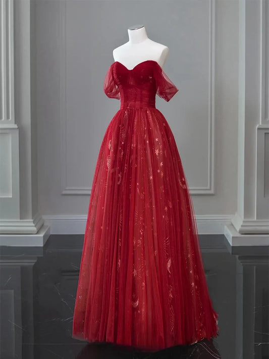 Vestido de fiesta largo burdeos con encaje de tul y hombros descubiertos ED0573
