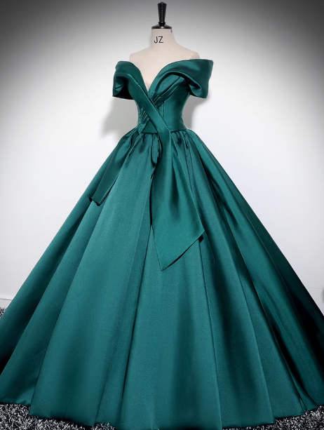 Vestido de fiesta largo de satén verde con hombros descubiertos y corte en A, vestido formal largo verde ED0575