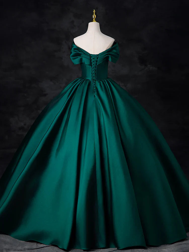 Vestido de fiesta largo de satén verde con hombros descubiertos y corte en A, vestido formal largo verde ED0575