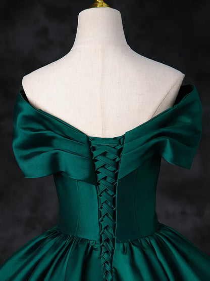 Vestido de fiesta largo de satén verde con hombros descubiertos y corte en A, vestido formal largo verde ED0575