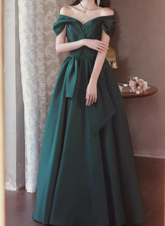 Vestido de fiesta largo de satén verde con hombros descubiertos y corte en A, vestido formal largo verde ED0575