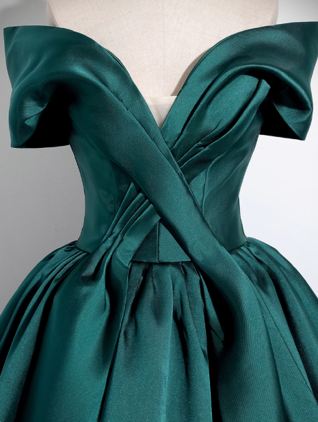 Vestido de fiesta largo de satén verde con hombros descubiertos y corte en A, vestido formal largo verde ED0575