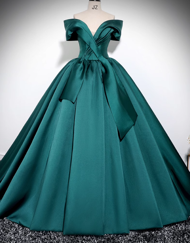 Vestido de fiesta largo de satén verde con hombros descubiertos y corte en A, vestido formal largo verde ED0575