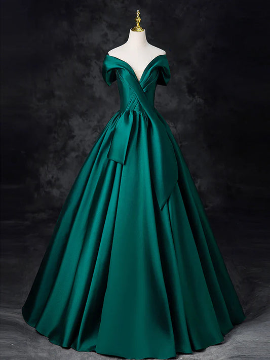 Vestido de fiesta largo de satén verde con hombros descubiertos y corte en A, vestido formal largo verde ED0575
