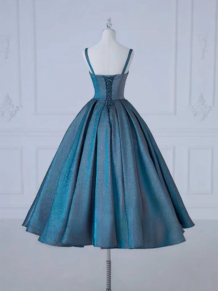 Vestido de fiesta azul de satén con escote corazón y corte en A, largo hasta la rodilla, vestido formal azul ED0576