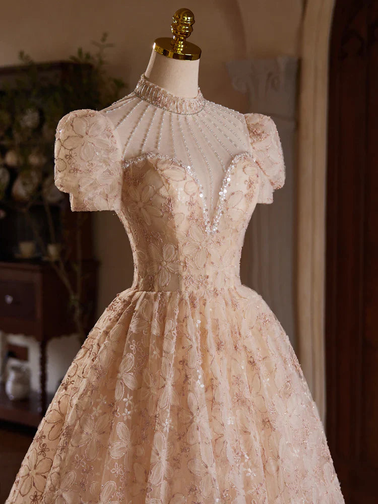 Vestido de fiesta de tul rosa champán con encaje, largo hasta la rodilla y cuentas ED0578