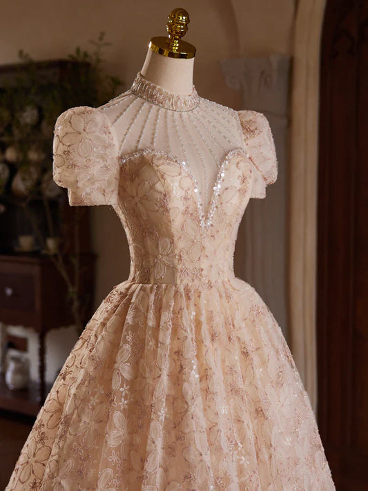 Vestido de fiesta de tul rosa champán con encaje, largo hasta la rodilla y cuentas ED0578