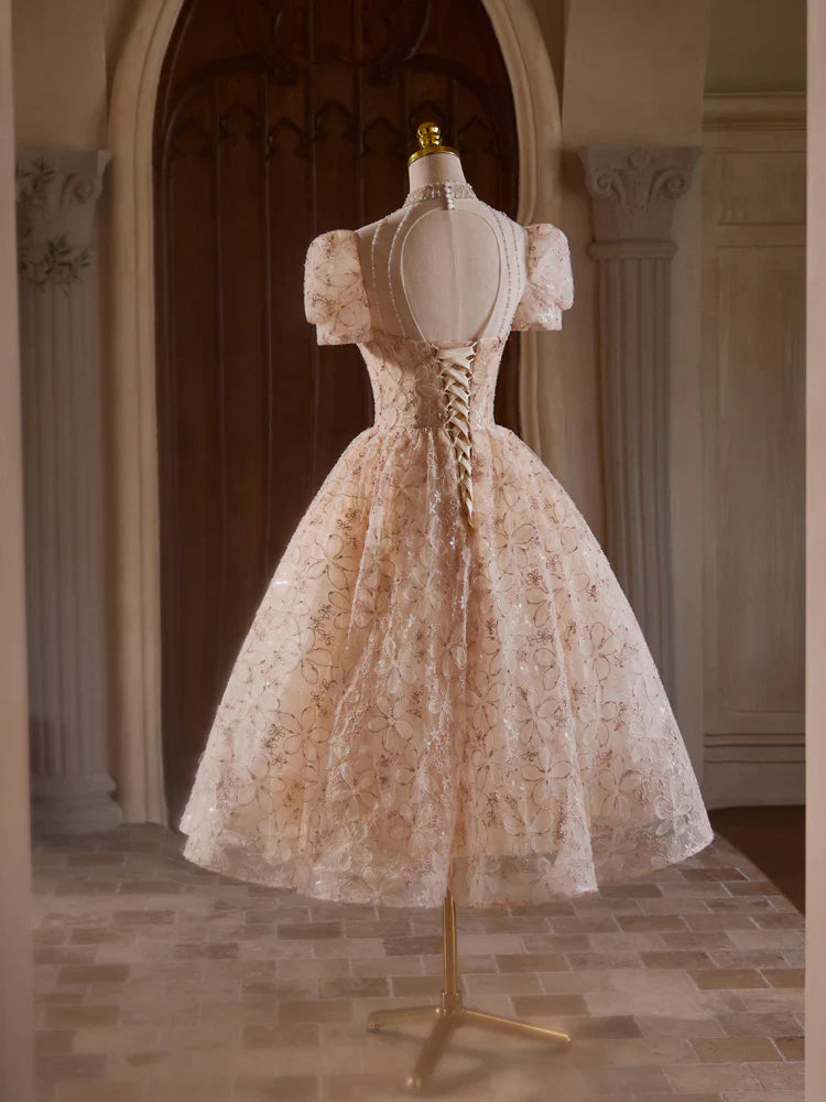 Vestido de fiesta de tul rosa champán con encaje, largo hasta la rodilla y cuentas ED0578