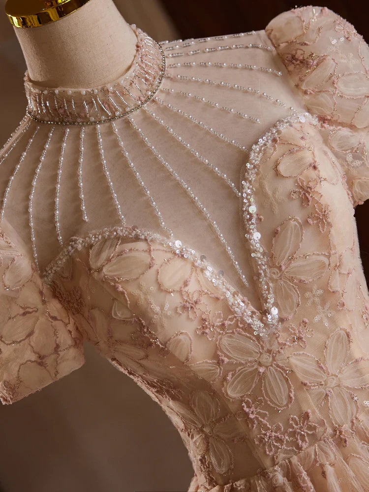 Vestido de fiesta de tul rosa champán con encaje, largo hasta la rodilla y cuentas ED0578