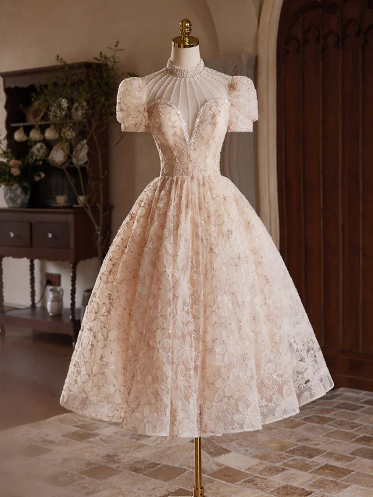 Vestido de fiesta de tul rosa champán con encaje, largo hasta la rodilla y cuentas ED0578