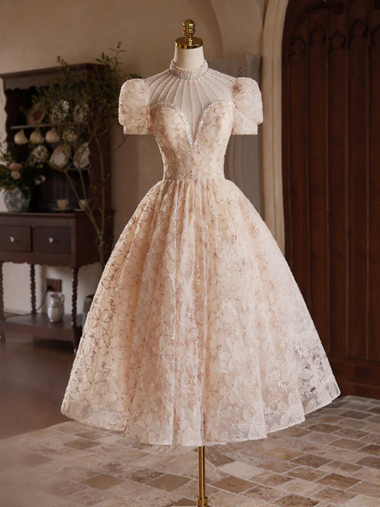 Vestido de fiesta de tul rosa champán con encaje, largo hasta la rodilla y cuentas ED0578