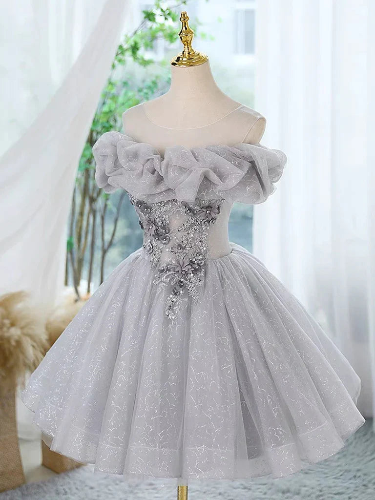 A-Line Off Shoulder Tulle Lace Sequin Gray Short Prom Dress with Beads ED0579
