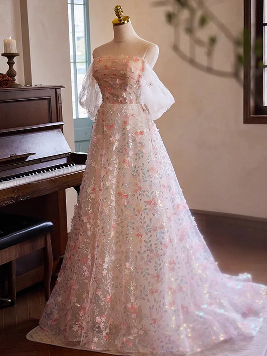 Vestido de fiesta largo de tul con encaje y hombros descubiertos en rosa, vestido de noche largo rosa ED058