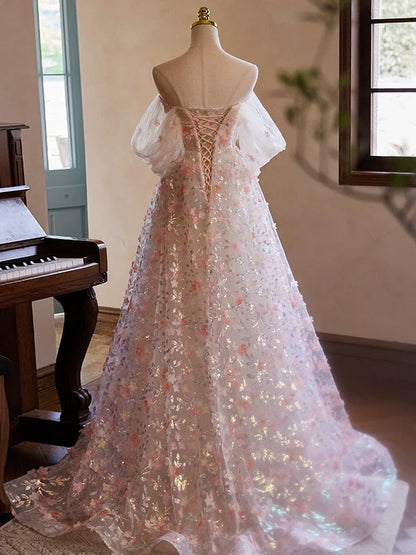 Vestido de fiesta largo de tul con encaje y hombros descubiertos en rosa, vestido de noche largo rosa ED058