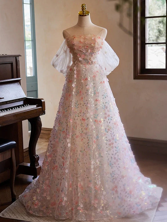 Vestido de fiesta largo de tul con encaje y hombros descubiertos en rosa, vestido de noche largo rosa ED058