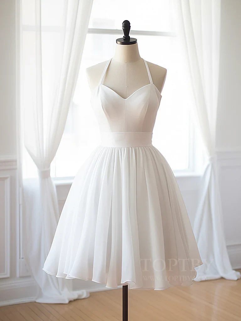 Vestido de fiesta corto de gasa blanca, sencillo, vestido de bienvenida blanco ED0580