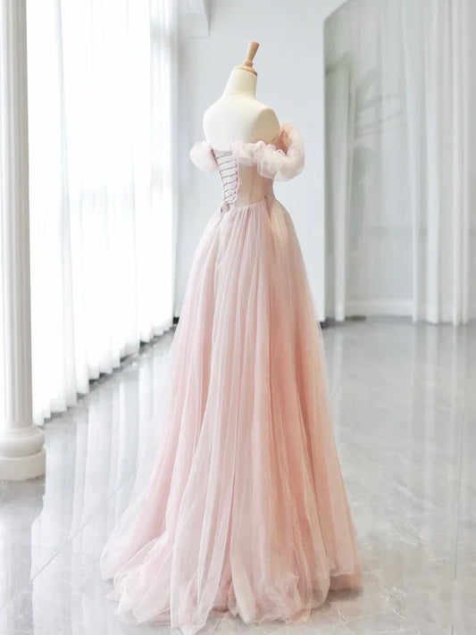 Vestido de fiesta largo de tul rosa con cuentas y hombros descubiertos, corte A, vestido formal largo de tul rosa ED0583