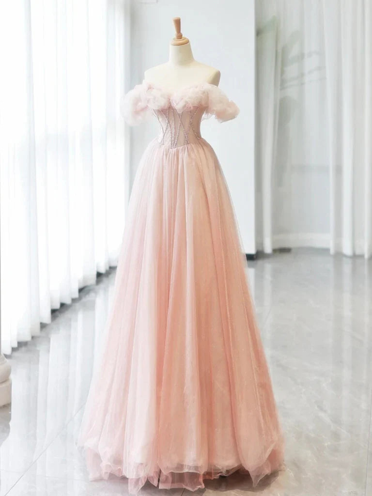 Vestido de fiesta largo de tul rosa con cuentas y hombros descubiertos, corte A, vestido formal largo de tul rosa ED0583