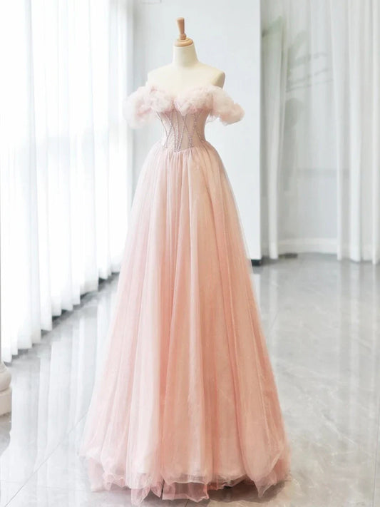 Vestido de fiesta largo de tul rosa con cuentas y hombros descubiertos, corte A, vestido formal largo de tul rosa ED0583