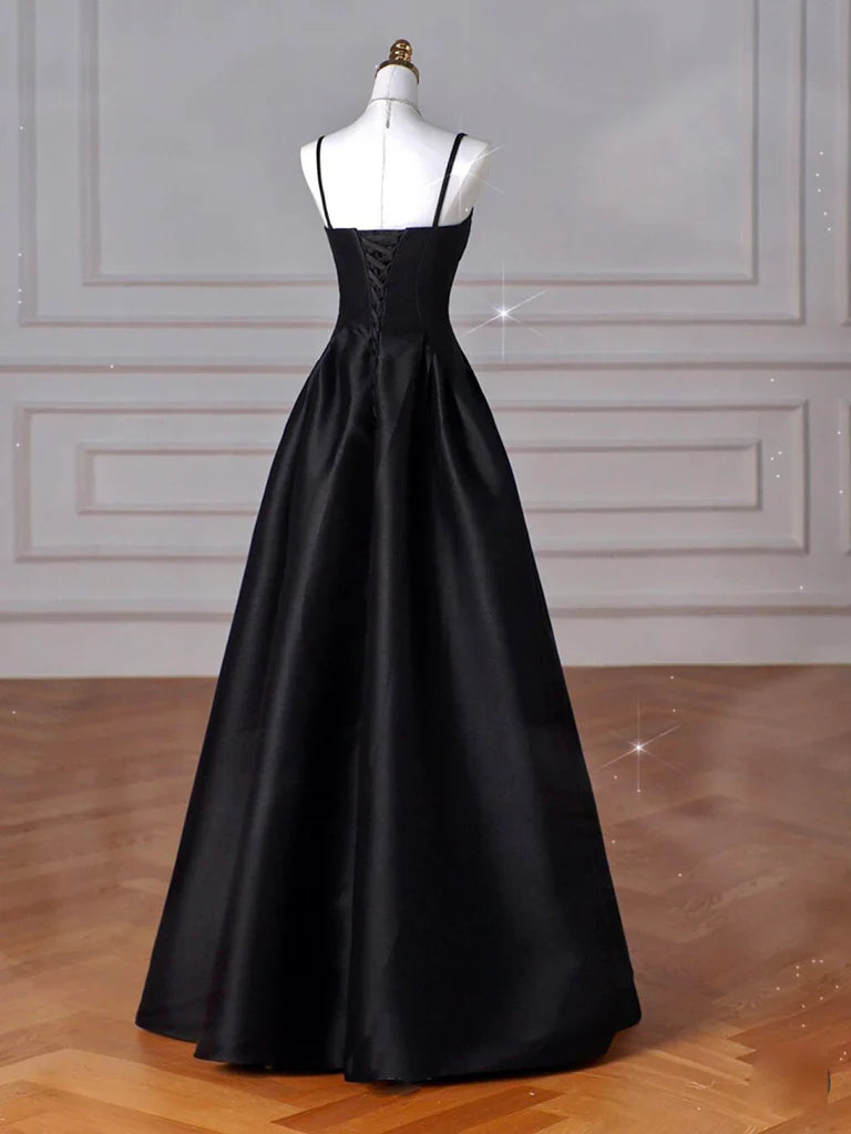 Vestido de fiesta largo de satén negro con escote corazón y corte en A, vestido formal largo negro ED0584