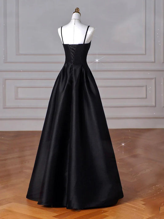 Vestido de fiesta largo de satén negro con escote corazón y corte en A, vestido formal largo negro ED0584