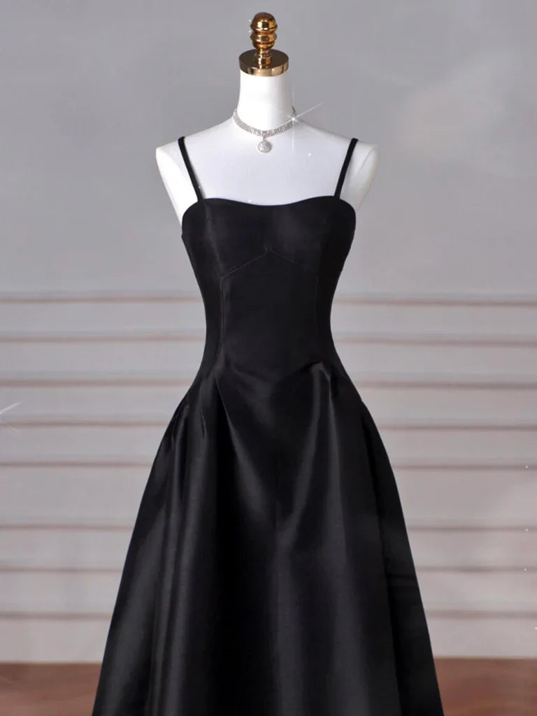 Vestido de fiesta largo de satén negro con escote corazón y corte en A, vestido formal largo negro ED0584