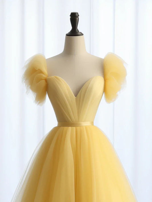 Vestido de fiesta largo amarillo de tul con escote corazón y corte en A, vestido formal largo amarillo ED0585