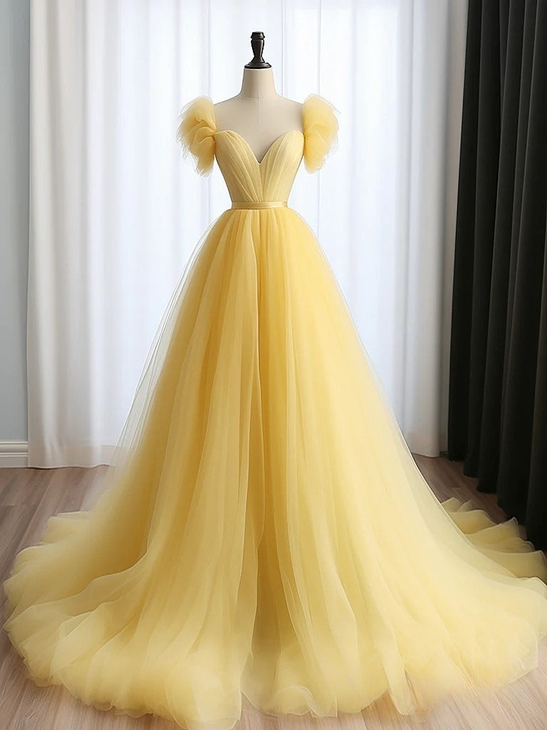 Vestido de fiesta largo amarillo de tul con escote corazón y corte en A, vestido formal largo amarillo ED0585