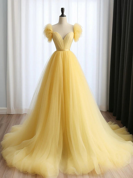 Vestido de fiesta largo amarillo de tul con escote corazón y corte en A, vestido formal largo amarillo ED0585