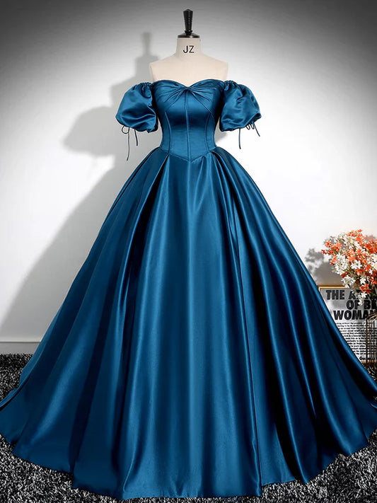Vestido de fiesta largo azul pavo real de satén con mangas abullonadas y corte en A, vestido formal largo azul pavo real ED0588