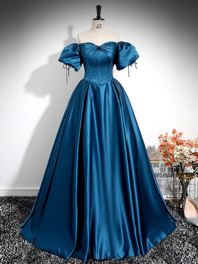 Vestido de fiesta largo azul pavo real de satén con mangas abullonadas y corte en A, vestido formal largo azul pavo real ED0588
