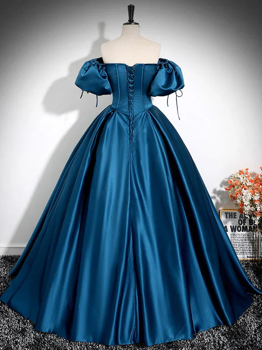 Vestido de fiesta largo azul pavo real de satén con mangas abullonadas y corte en A, vestido formal largo azul pavo real ED0588