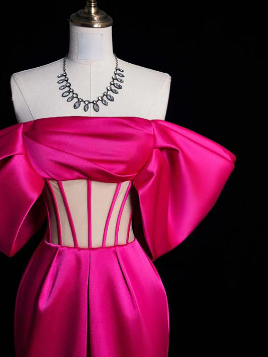 Vestido de fiesta largo de satén con hombros descubiertos, corte sirena, color rojo rosa, vestido de noche rojo rosa ED0589