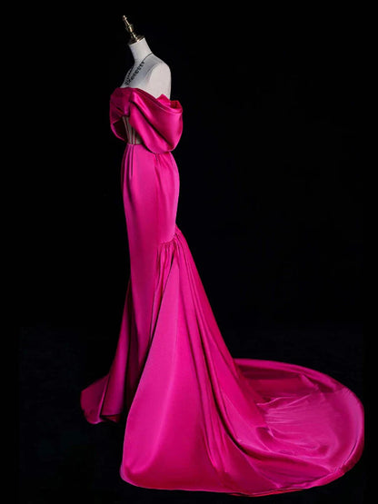 Vestido de fiesta largo de satén con hombros descubiertos, corte sirena, color rojo rosa, vestido de noche rojo rosa ED0589