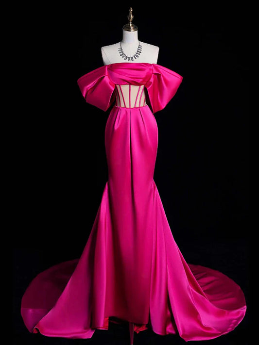 Vestido de fiesta largo de satén con hombros descubiertos, corte sirena, color rojo rosa, vestido de noche rojo rosa ED0589
