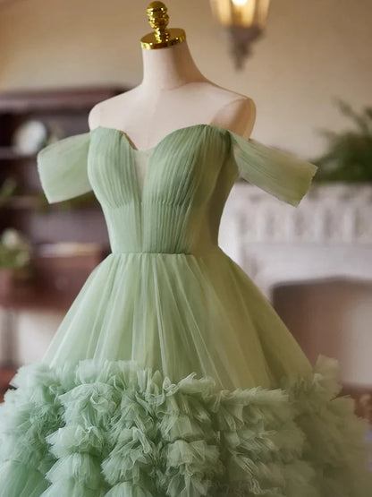 Vestido de fiesta largo de tul verde con escote corazón y hombros descubiertos, corte A, ED059