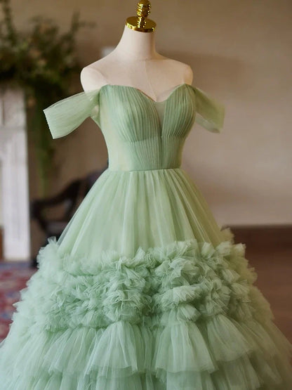 Vestido de fiesta largo de tul verde con escote corazón y hombros descubiertos, corte A, ED059