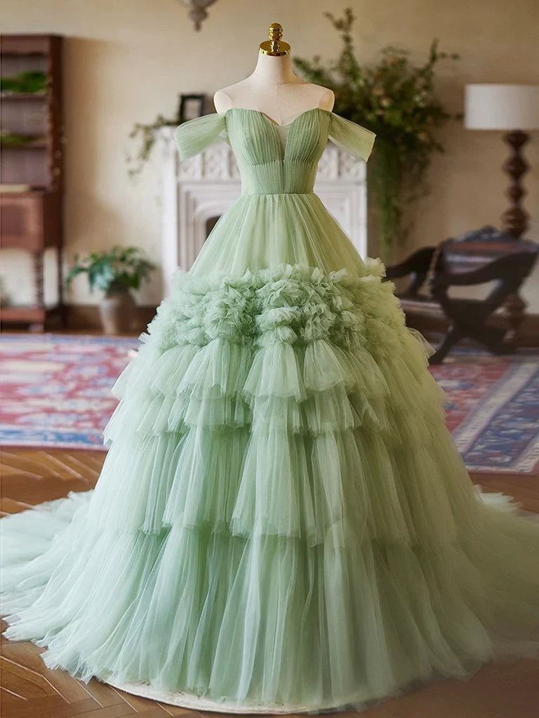 Vestido de fiesta largo de tul verde con escote corazón y hombros descubiertos, corte A, ED059