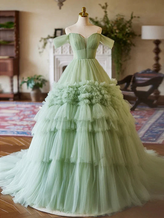 Vestido de fiesta largo de tul verde con escote corazón y hombros descubiertos, corte A, ED059