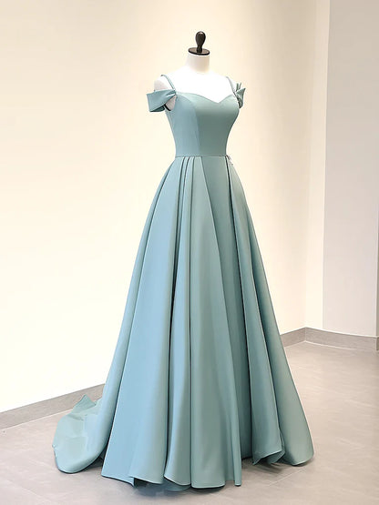 Vestido de fiesta largo azul de satén con hombros descubiertos y corte en A, vestido de noche largo azul ED0590
