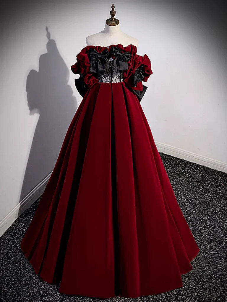Vestido de fiesta largo burdeos con encaje de terciopelo y hombros descubiertos, corte A, vestido formal largo burdeos ED0592