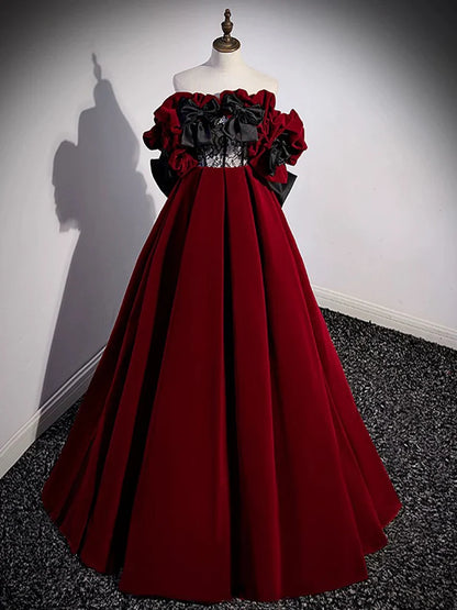 Vestido de fiesta largo burdeos con encaje de terciopelo y hombros descubiertos, corte A, vestido formal largo burdeos ED0592