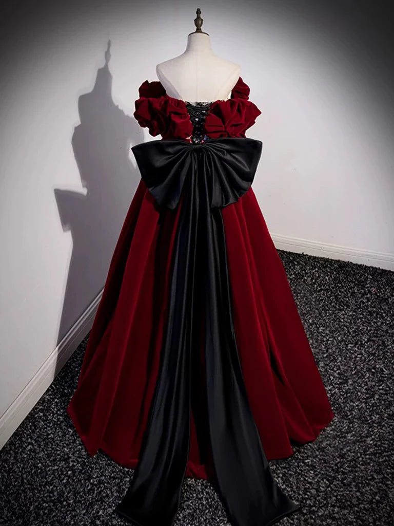 Vestido de fiesta largo burdeos con encaje de terciopelo y hombros descubiertos, corte A, vestido formal largo burdeos ED0592