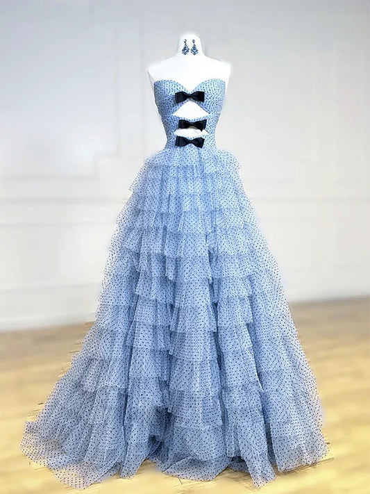 Vestido de fiesta largo azul de tul con lunares y escote corazón, corte en A, vestido formal largo azul ED0594