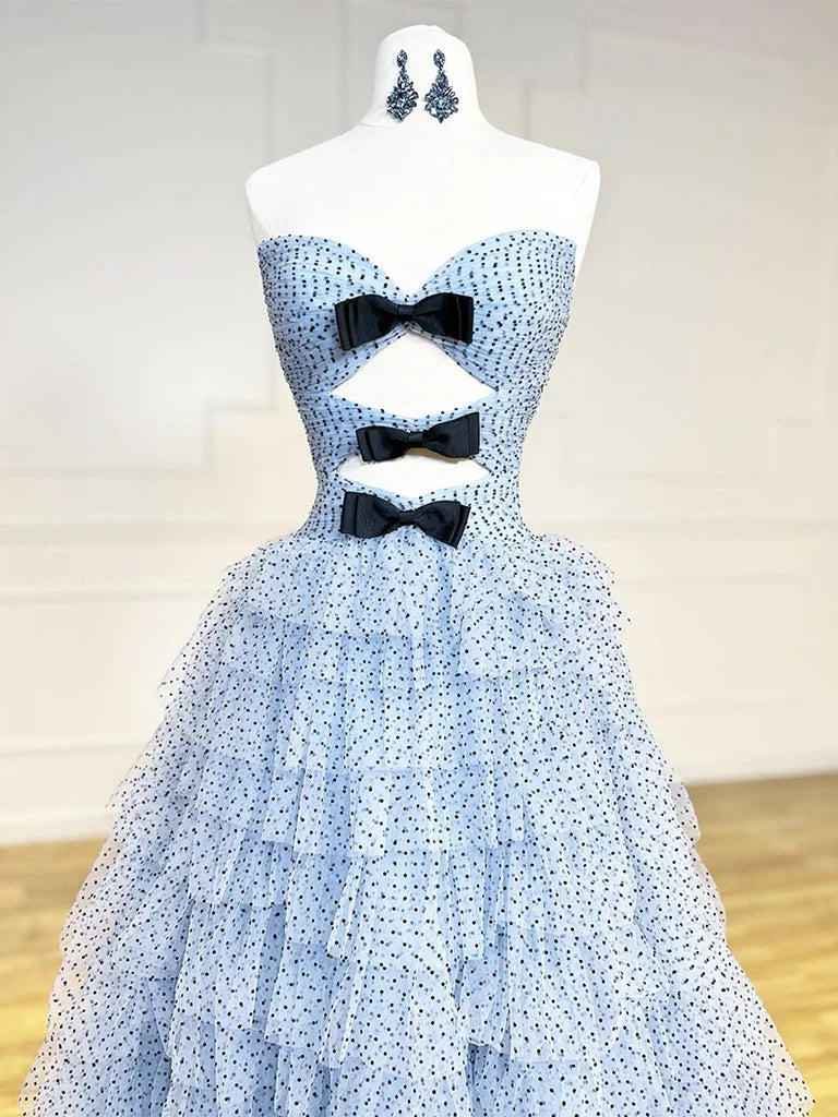 Vestido de fiesta largo azul de tul con lunares y escote corazón, corte en A, vestido formal largo azul ED0594