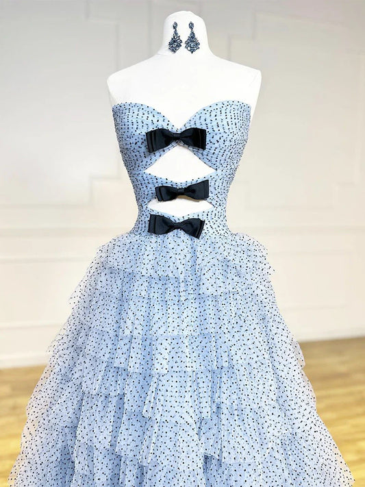 Vestido de fiesta largo azul de tul con lunares y escote corazón, corte en A, vestido formal largo azul ED0594