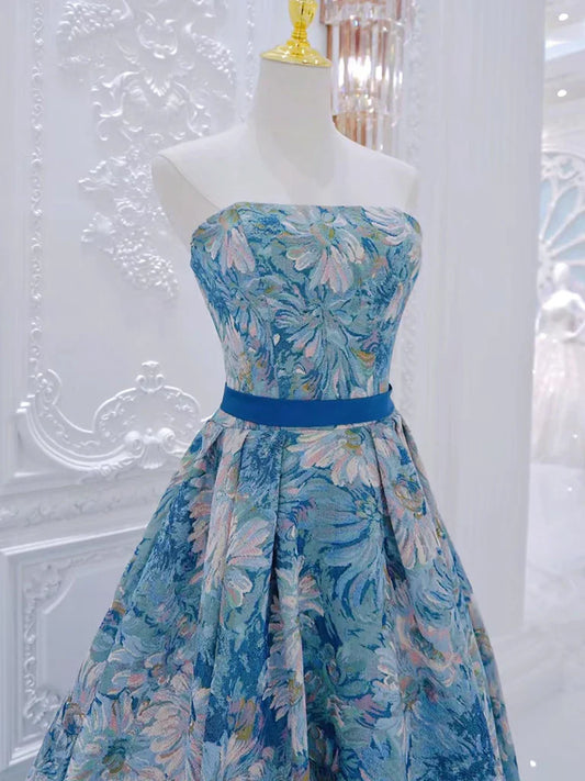 Vestido de fiesta largo azul de satén con flores y corte en A, vestido formal largo azul ED0596